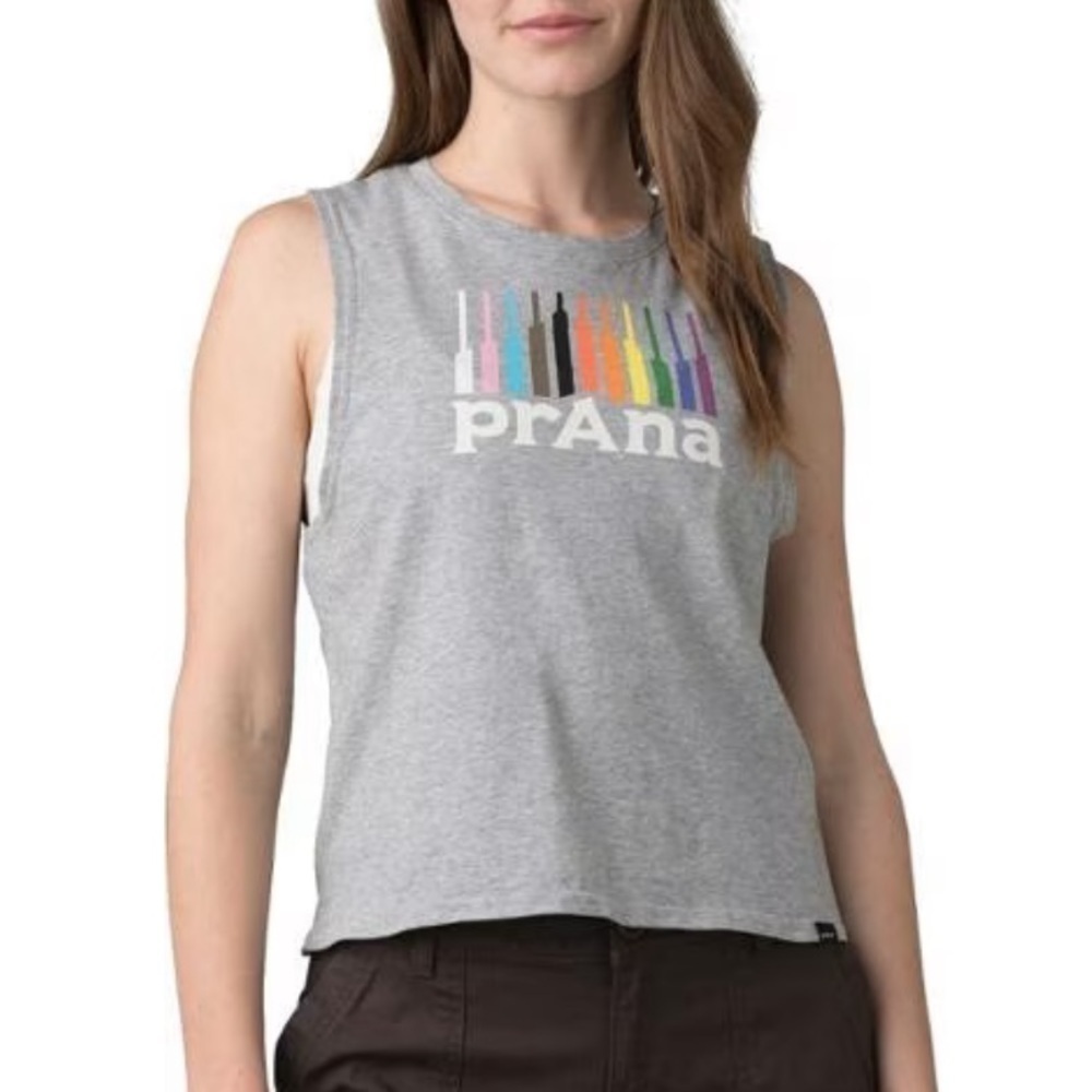 NWT Prana Organic Graphic Sleeveless Shirt Heather Grey Pride Mountain